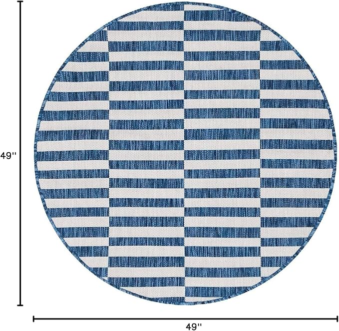 Unique Loom Outdoor Striped Collection Area Rug - Striped (4' 1" Round, Blue/Ivory)