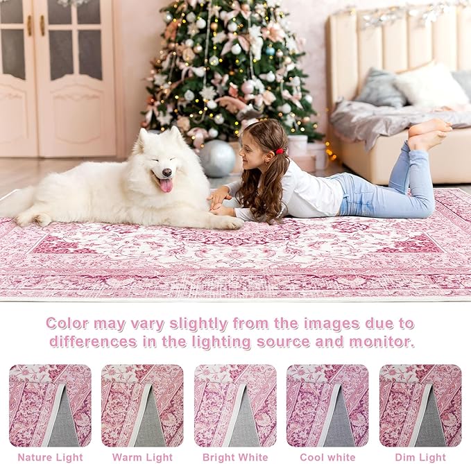 Bright Pink Area Rug for Girls Bedroom, 3x5 Soft Washable Rugs with Non-Slip Backing for Living Room, Cute Vintage Carpet for Kitchen Laundry Kids Room Decor