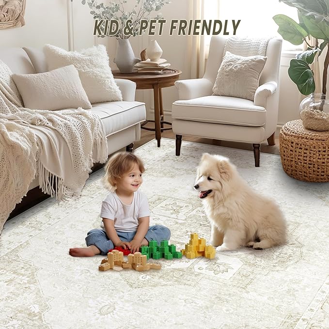 5x7 Area Rugs Washable Rugs for Living Room, Vintage Boho Rug Non-Slip Soft Floral Distressed Rug Low Pile Stain Resistant Carpet for Bedroom Nursery Office Dining Room Farmhouse Dorm(Beige, 5'x7')