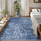 LIVEBOX Modern Abstract 5x7 Area Rugs for Living Room, Navy Blue Washable Rugs for Bedroom, Non-Slip Minimalist Neutral Wave Striped Rugs for Playroom Nursery Boys, Throw Rug Carpet for Dining Room