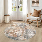 4ft Round Area Rug Living Room Rugs - 4x4 Washable Large Soft Indoor Neutral Modern Abstract Low Pile Rug Carpet for Bedroom Dining Room Farmhouse Home Office - Grey Brown