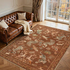 Moynesa Orange 8x10 Living Room Rugs, Vintage Peacock Floral Washable Area Rugs for Bedroom Dining Room Office Study, Low Pile Soft Non-Slip Easy Care Carpets for Fall Winter Home Decor