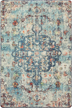 Lahome Bohemian Floral Medallion Area Rug - 2x3 Vintage Teal Distressed Small Entryway Rug Turkish Doormat Faux Wool Non-Slip Washable Low-Pile Carpet for Bathroom Kitchen Laundry Room Decor