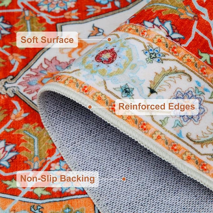 WILLSUN Washable Area Rugs, 6x9 Non-Slip Boho Large Area Rugs for Living Room, Bedroom, Machine Washable Vintage Rug, Indoor Floral Print Carpet for Home Decor, Kid & Pet Friendly Mat