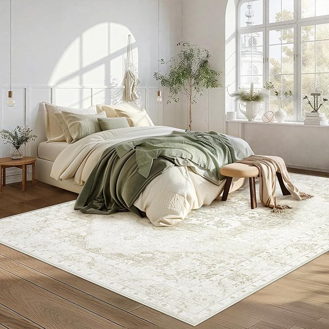 5x7 Area Rugs Washable Rugs for Living Room, Vintage Boho Rug Non-Slip Soft Floral Distressed Rug Low Pile Stain Resistant Carpet for Bedroom Nursery Office Dining Room Farmhouse Dorm(Beige, 5'x7')