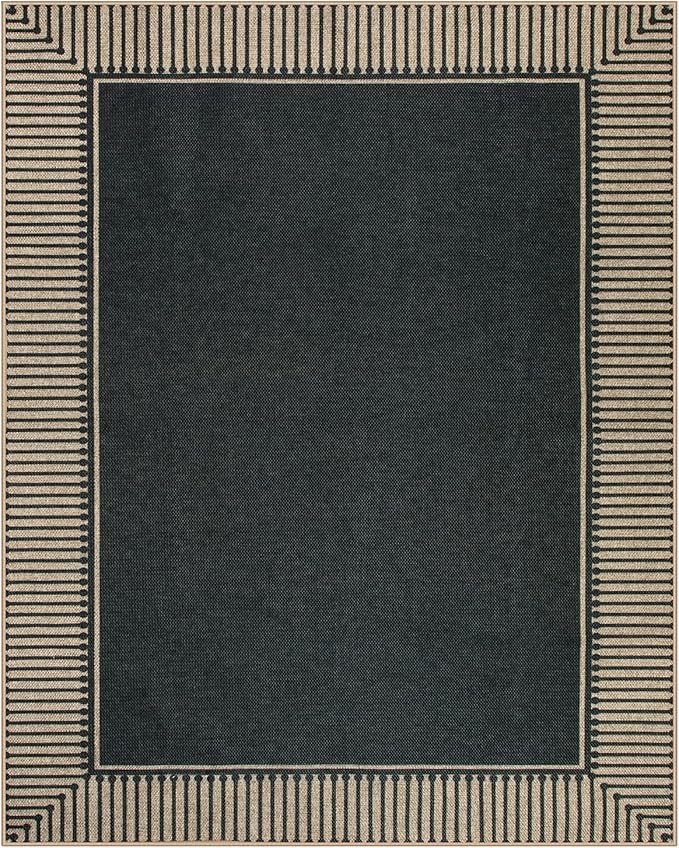 Moynesa Striped Border Easy Jute Outdoor Rug 8x10, Washable Indoor Outdoor Patio Area Rugs for Living Room Non Slip, Modern Classic Farmhouse Carpet for Dining Room Table, Black