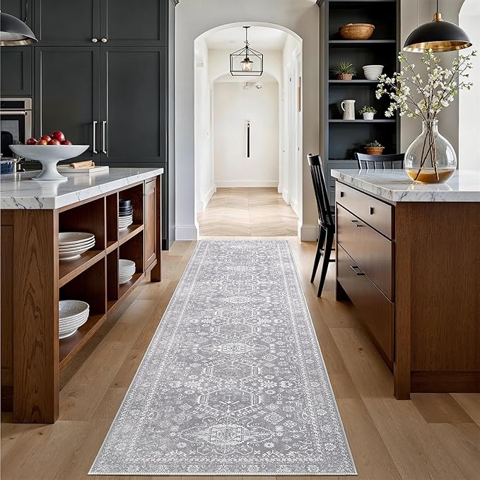 Bavni Washable Runner Rug 2’6”x10, Non Slip Vintage Hallway Runner, Ultra Thin Low Pile Washable Carpet for Kitchen Entryway Bedroom, Grey