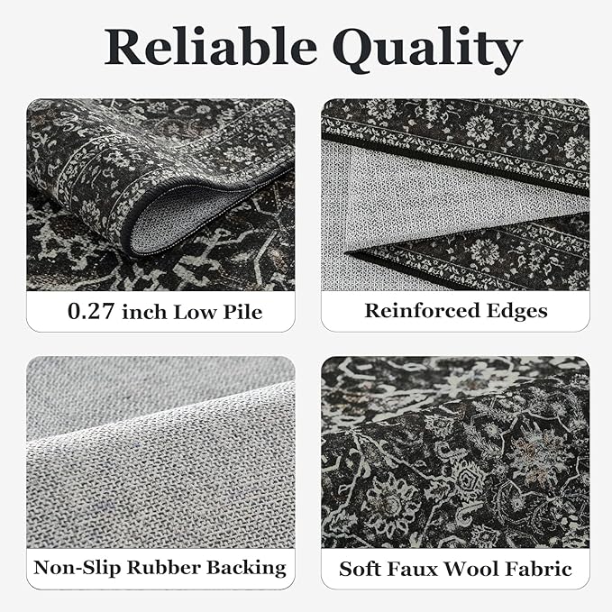 Washable Charcoal 5x8 Area Rugs, Vintage Earth Tone Dark Muted Black and Grey Carpet for Living Room Bedroom, Low Pile Thin Rug with Non Slip Rubber Backing for Dining Room Home Office