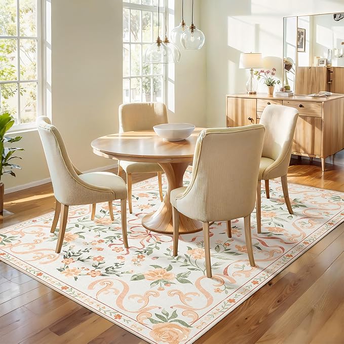 Orange Rug Bow Floral Rug for Girls, 5x7 Washable Area Rugs for Bedroom Living Room, Kitchen,Dining Room,Kids Room, Playroom, Cute Ultra-Thin Non Slip Low Pile Indoor Carpet