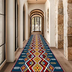 Dark Blue Runner Rug, 1.3x7ft Red Yello Diamond Hallway Decor Carpet, Corridor & Foyer Long Accent Rug, Entrance Non-Slip Mat Washable Rugs, Southwestern Stylish Home Decor Runner