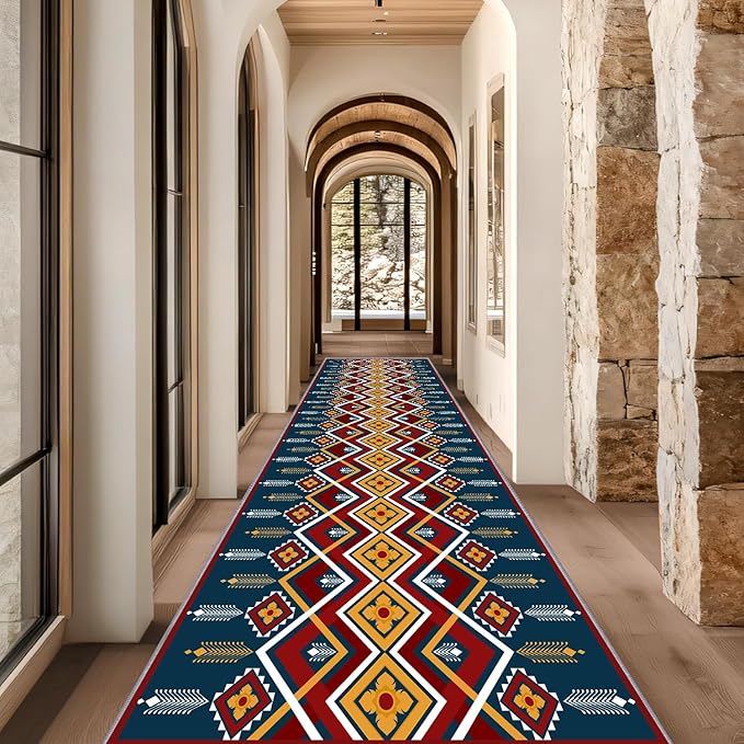 Dark Blue Runner Rug, 2x8ft Red Yello Diamond Hallway Decor Carpet, Corridor & Foyer Long Accent Rug, Entrance Non-Slip Mat Washable Rugs, Southwestern Stylish Home Decor Runner