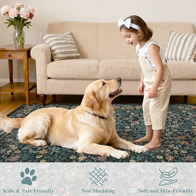 DUKINO 6x9 Rugs for Living Room, Vintage Washable Rug with Non Slip Backing, Floral Low Pile & Non-Shedding Large Area Carpets for Bedroom, Dining Room, Farmhouse, Home Office, Blue