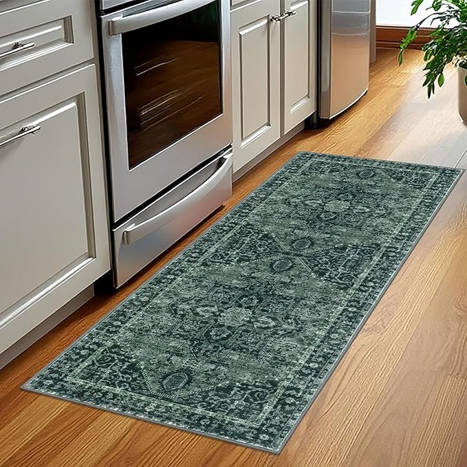 KOZYFLY Runners for Hallways 2x5 Ft Washable Kitchen Runner Rug Boho Runner Rug for Entryway Indoor Printed Oriental Faux Wool Floor Carpet Runner for Laundry Room Kitchen Hall, Dark Green