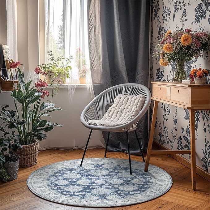 jinchan Fiora Round Rug 4ft Area Rug - Indoor Vintage Hallway Circle 4' Washable - Ultra-Thin Low Pile Soft Small Non Slip Distressed Floral Print for Living Room Bedroom Entryway Dark Blue
