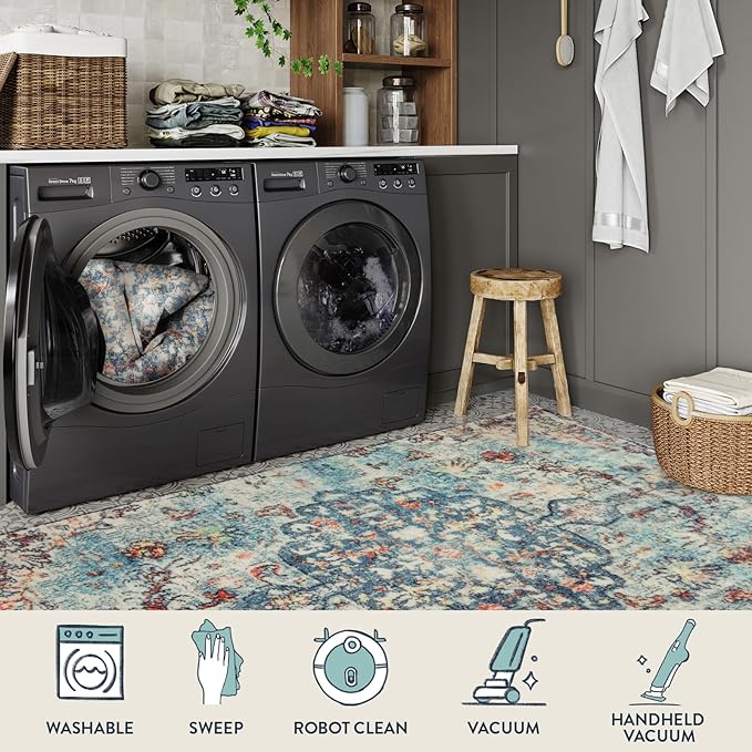 Lahome Bohemian Floral Medallion Runner Rug - 2x6 Hallway Laundry Rug Runner Washable Kitchen Sink Mat Distressed Turkish Non-Slip Soft Bedside Carpet for Doorway Bedroom, Vintage Teal/Multi