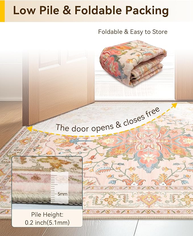 Area Rugs 2'x8' Washable Non-Slip, Floral Vintage Distress Print Pattern Medallion Carpet for Living Room Bedroom Dining Room, Light Pink Colorful