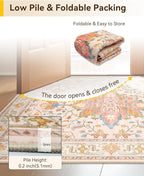Area Rugs 2'x3' Washable Non-Slip, Floral Vintage Distress Print Pattern Medallion Carpet for Living Room Bedroom Dining Room, Light Pink Colorful