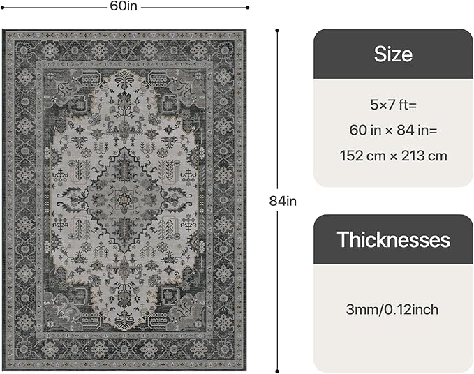 Bavni Vintage 5x7 Area Rugs, Boho Oriental Living Room Rug, Machine Washable Rug Non Slip, Distressed Print Indoor Large Black Rugs, Low Pile Ultra-Thin Soft Carpet for Bedroom, Dining Room, Farmhouse