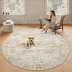 8x8 Beige Round Rug 8ft Living Room Circle Rug Vintage Round Area Rug Non Slip Indoor Carpet for Apartment