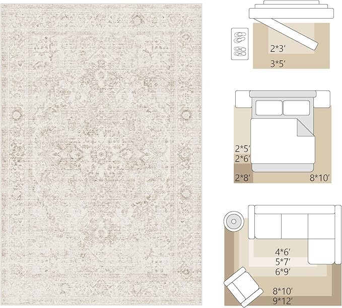 FMFUNCTEX Entryway Rug 2x3 Washable Beige Vintage Distressed Oriental Door Mat Non Slip Low Pile Indoor Carpet Soft Retro Small Throw Area Rugs for Entry Way Entrance Bedroom Kitchen Bathroom Laundry