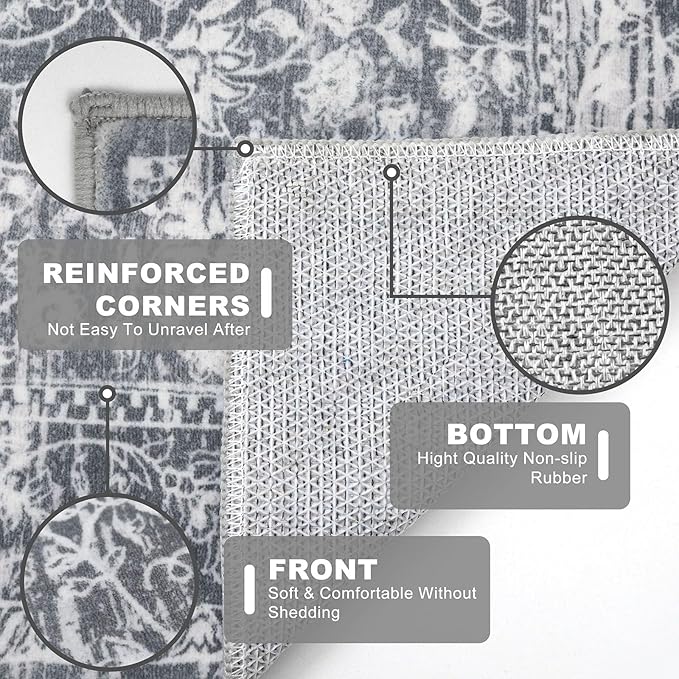 KILOCOCO Area Rug 4x6 Entryway Rug Washable Printed Vintage Floral Rubber Backed Non Slip Indoor Kitchen Rugs for Laundry Room Playroom Bedroom Living Room Moroccan Area Rugs, Grey