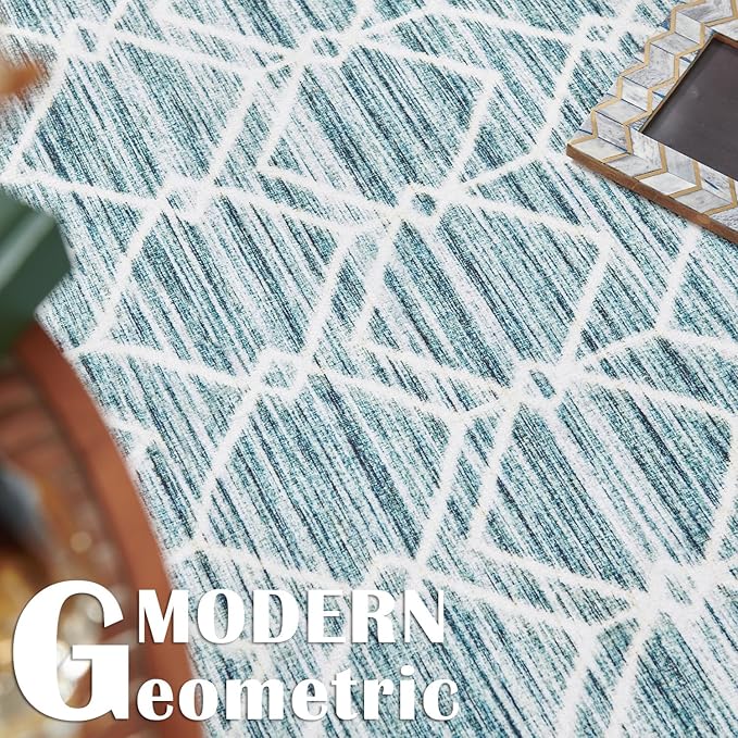 jinchan Moroccan Runner Rug 3x8 - Kitchen Machine Washable Runner Rug Modern Geometric Low-Pile Lightweight Non-Slip Carpet for Entryway Hallway Laundry Room Bedroom Bedside (3x8ft, Teal Blue)