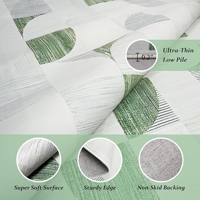 2x6 Runner Rug Washable, Modern Abstract Area Rugs for Hallways Kitchen Bathroom Bedroom Entryway, Non Slip Carpet Long Mat Indoor, Boho Soft Ultra-Thin Light Green