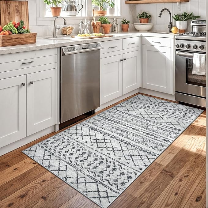 KUTA 3x5 Entryway Rug, Grey Non-Slip Washable Low-Pile Boho Moroccan Living Room Area Rug, Ultra Soft Distressed Geometric Print Throw Carpet for Entrance, Bedroom, Nursery, Dorm, Kitchen