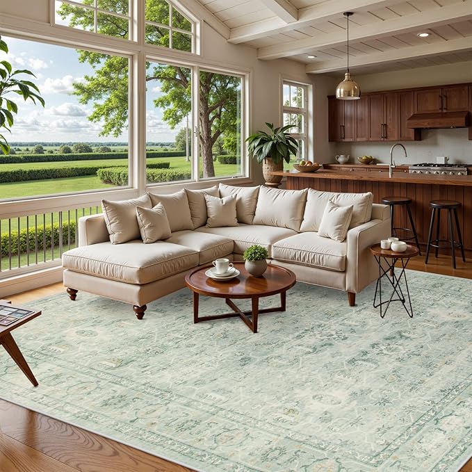 Lahome Vintage 9x12 Washable Green Rugs for Living Room Bedroom, Boho Dining Room Rugs for Under Table, Soft Non Slip Indoor Throw Carpet for Home Office Playroom (9x12ft,Light Green)