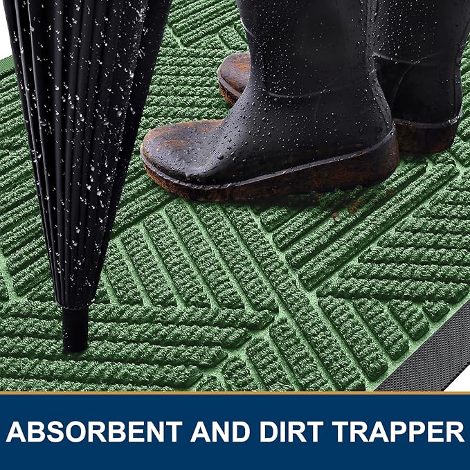 Kitinjoy Front Door Mat Outside Entrance, Sturdy Natural Dirt Trapper, Heavy Duty Rubber Doormat, Low Profile Non-Slip Backing, Easy Clean Floor Mat for Indoor Outdoor Entry, 47X23 Inch, Green