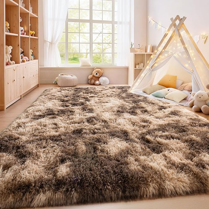 Soft Shaggy Rugs Fluffy Rug, Plush Area Rugs for Living Room Nursery Home Decor, Tie-Dyed Brown Anti-Skid Rectangular Fuzzy Rug 8x10 Feet