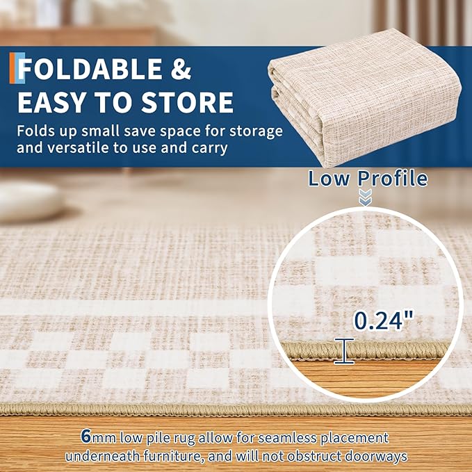 GarveeHome Washable Area Rug 4x6 Small Living Room Rugs Modern Bordered Soft Dining Room Throw Carpet Low Pile Non Slip Checkered Bedroom Rug Geometric Carpet for Nursery Kitchen Home Office, Beige