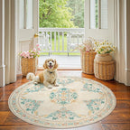 jinchan Round Rug 5ft Area Rugs Vintage Floral Distressed Design, Machine Washable Soft Non-Slip Low-Pile Ultra-Thin Circle Rug for Entryway Living Room Dining Room Bedroom (5' Round, Apricot Multi)