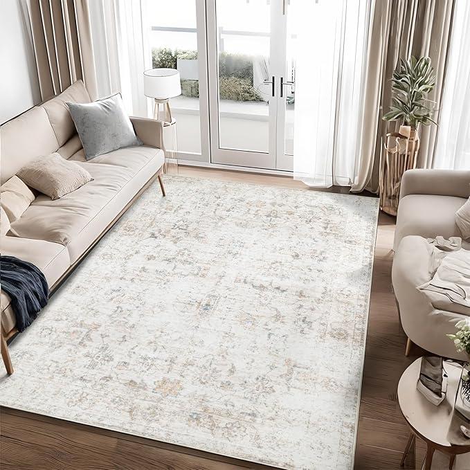 Washable 5×7 Area Rug for Living Room, Vintage Floral Rug Soft Non Slip Stain Resistant Boho Carpet for Bedroom Dinning Room Home Office Beige