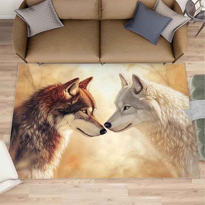 Wolf Rugs for Bedroom - 2x3 Area Rug - 3D Wolf Rugs for Living Room, Misty Forest Rug, Non-Slip Washable Home Decor Carpet