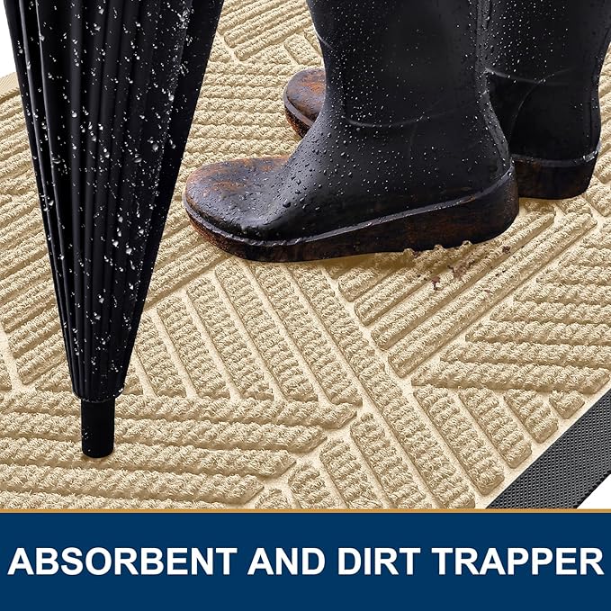 Kitinjoy Front Door Mat Outside Entrance, Sturdy Natural Dirt Trapper, Heavy Duty Rubber Doormat, Low Profile Non-Slip Backing, Easy Clean Floor Mat for Indoor Outdoor Entry, 47X32 Inch, Beige