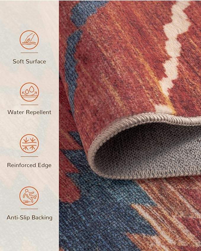 Area Rug 10x14 Rug Machine Washable Non-Slip Low Pile Print Pattern Western Rug for Living Room Bedroom Entryway Tribal Series -Red/Orange