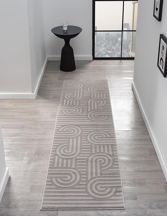 Annabel Modern Geometric Runner Rug for Kitchen, 2x7 Contemporary Arched and Linear Gray Runner, High-Low Pile Stain Resistant Carpet for Bedroom, Hallway or Entryway (2' x 7', Gray)