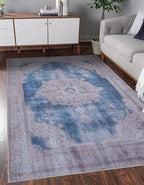 GLN Rugs Traditional Collection - Machine Washable Area Rug, Traditional Washable, Non Slip, Low Pile Chenille Rug, Living Room, Bedroom, Kitchen Rug (2' x 3' Cream/Navy)