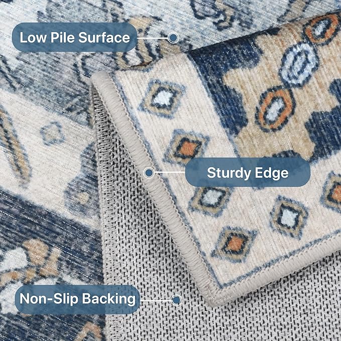 8x10 Area Rug Machine Washable Boho Rug for Living Room,Ultra-Thin Low Pile Carpet,Lightweight Indoor Printed Rug,Non Slip Floral Area Rug for Bedroom, Dining Room, Home Office,Blue
