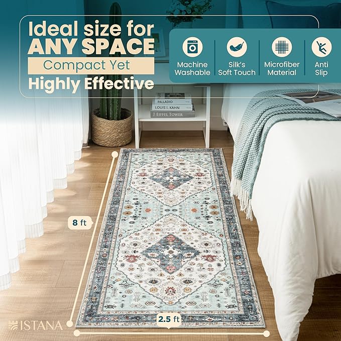 Istana Hallway Runner Rug 2.5x8 – White Cream/Blue Entryway Rug -Silk's Soft Touch Runners for Hallways - Stylish Kitchen Runner Rug Non Slip