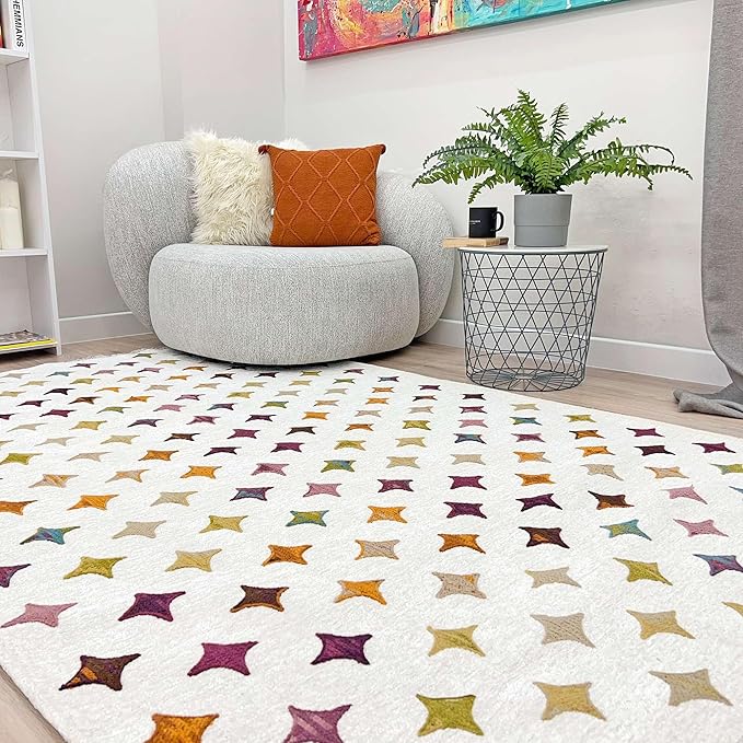 Alfa Rich 4x6 Moroccan White Area Rugs for Living Room Bedroom Decor Washable Cotton Pet Friendly