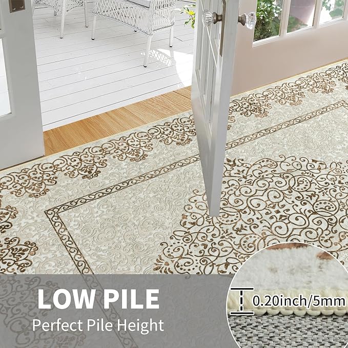 Easy-Going Area Rug 4x6 Washable Boho Neutral Rugs for Living Room Non-Slip Bedroom Rug Low Pile Lightweight Floral Brown Print Vintage Throw Rug for Dining Room Bathroom Kitchen Home Office Carpet