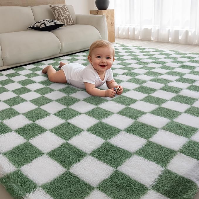 5x7 Area Rugs for Living Room Bedroom, Soft Fluffy Shaggy Bedside Rug, Indoor Floor Carpet for Kids Playroom, Dorms, Nursery Rooms, Home Decor (Green & White 5'x7')
