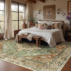 Area Rugs 9'x12' Washable Non-Slip, Floral Vintage Distress Print Pattern Medallion Carpet for Living Room Bedroom Dining Room, Brick Red Rust Neutral Brown Burnt Orange Green