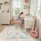 Lahome Large Rugs for Living Room, Boho Machine Washable 8x10 Area Rugs Girls Bedroom Decor, Ultra-Thin Soft Distressed Floral Carpets Non Slip for Office Dining Room, Pink/Multi