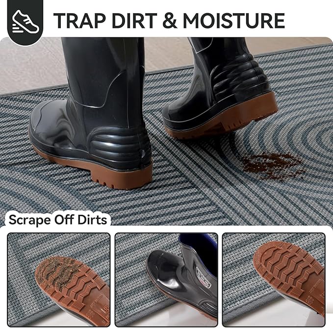 Front Door Mat 17''x30'', Absorbent Muddy Dirt Resist Washable Non Slip Low-Profile Indoor Doormat,Easy Clean Welcome Entryway Door Mats, Grey