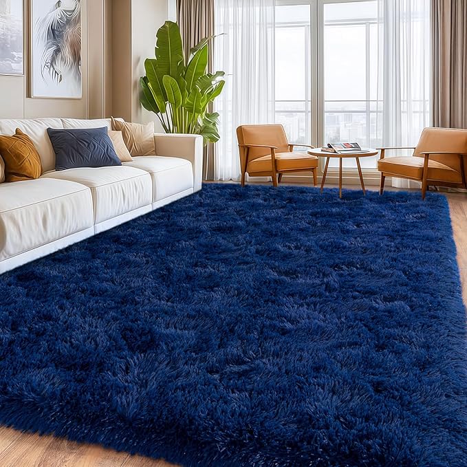 Shag Area Rugs for Living Room, Soft Fuzzy Plush Rugs, Upgrade Anti-Skid Modern Furry Rugs Fluffy Carpets for Kids Room Nursery Home Decor Dark Blue, 6X9 Feet