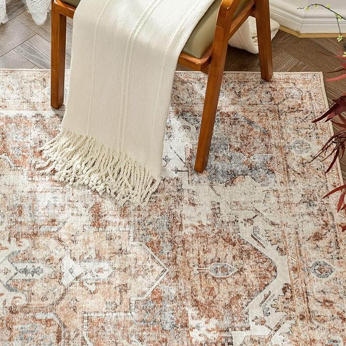 jinchan Kelda Living Room Area Rug 10x12 Washable Rug Vintage Indoor Large Floor Cover Distressed Lightweight Non-Slip Low Pile Thin Mat Stain Resistant Carpet for Bedroom Dining Room Office Brick Red