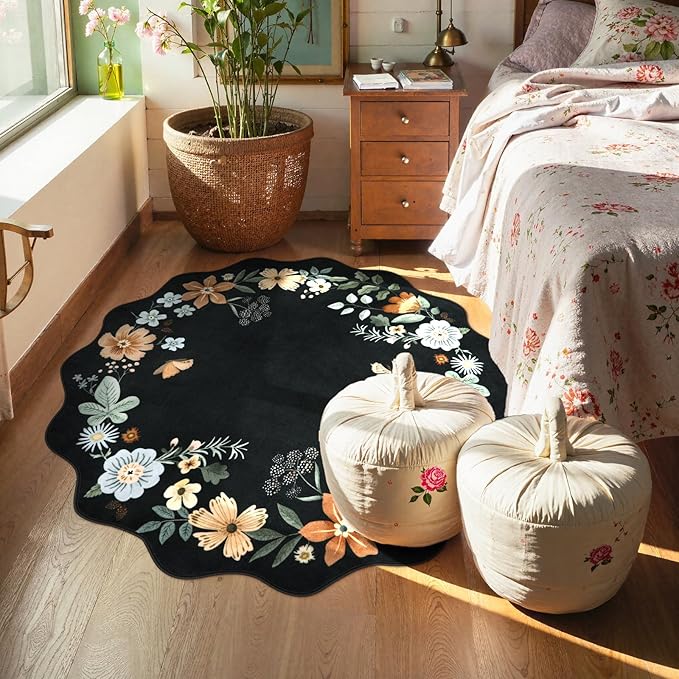 Lahome Floral Round Area Rugs, Washable Small Round Rug 3ft Non-Slip, Soft Boho Ultra-Thin Circle Carpet for Bedroom Entryway Kitchen Laundry Bathroom, Black/Grey